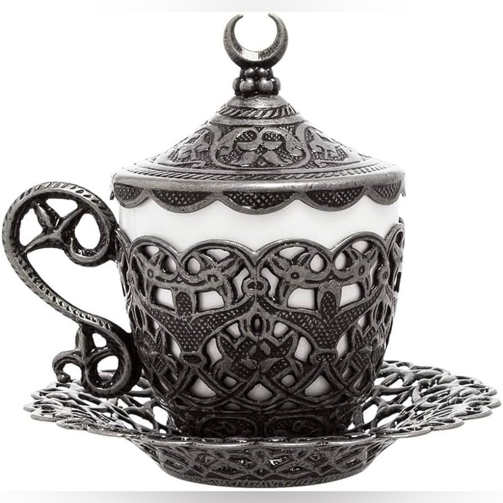 NEW Turkish Coffee Cup Traditional Design Crescent Motif, Porcelain Cup & Saucer